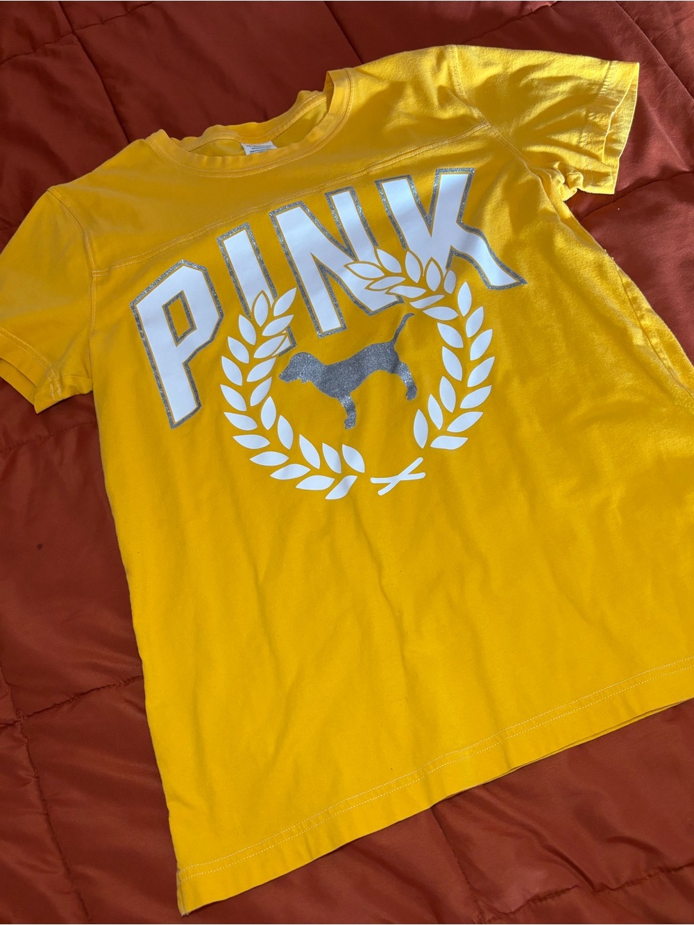 PINK Victoria's Secret Bright Yellow Logo Tee with Silver Glitter Accents